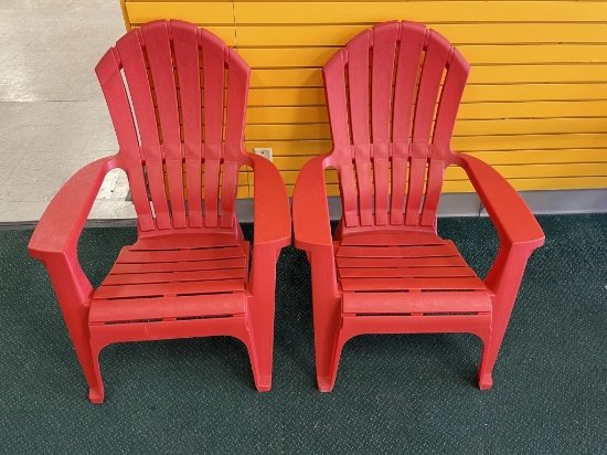 Pair of 2 Red Adirondack Plastic Chairs.