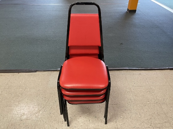 Set of 4 Metal and Red Vinyl Stackable Chairs