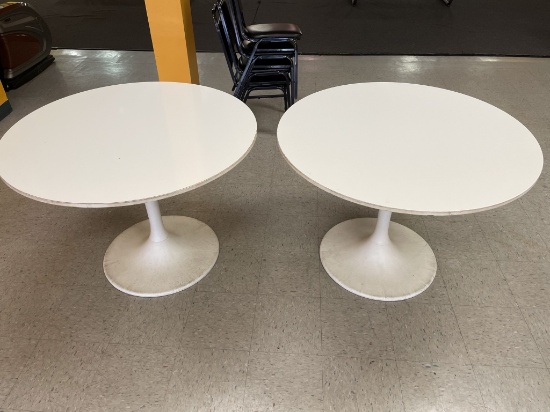 Pair of 2 Round Tulip Tables. Heavy White Material