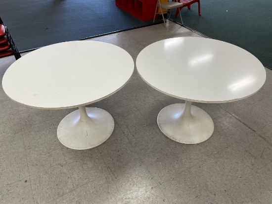 Pair of 2 Round Tulip Tables. Heavy White Material