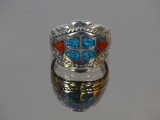 Silver Turq & Coral Ring, Size 12, 10g(0.4oz)