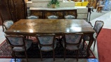 Wood Inlay Dining Table & 8 Floral Covered Chairs