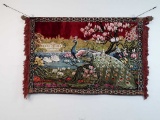 VINTAGE PEACOCK WALL HANGING TAPESTRY W/ ROD
