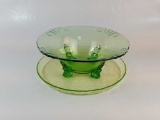 2 PC OF VTG LIGHT GREEN GLASS, FOOTED BOWL & TRAY