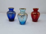 3 SMALL GLASS VASES WITH GOLD PATTERN OVERLAY