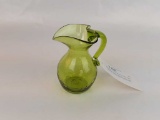 MINI HAND BLOWN GREEN CRACKLE GLASS PITCHER