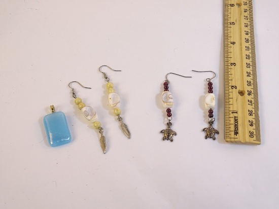 Shell & Bead Earrings (2) & Blue Stone Pendant