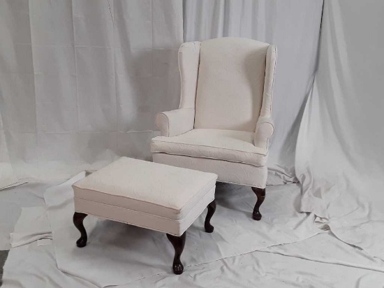 WHITE WINGED BACK CHAIR W/ FOOT STOOL