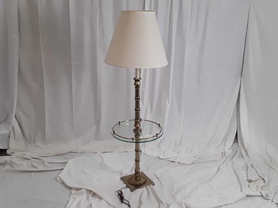 SILVER TONE FLOOR LAMP W/ GLASS TRAY TABLE