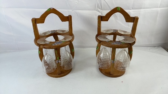 PAIR OF WINE CARRIERS  W/ GLASSES GRAPE THEMED