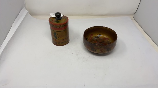 RUSSIAN LACQUER HAND PAINTED WOOD BOWL & CANISTER