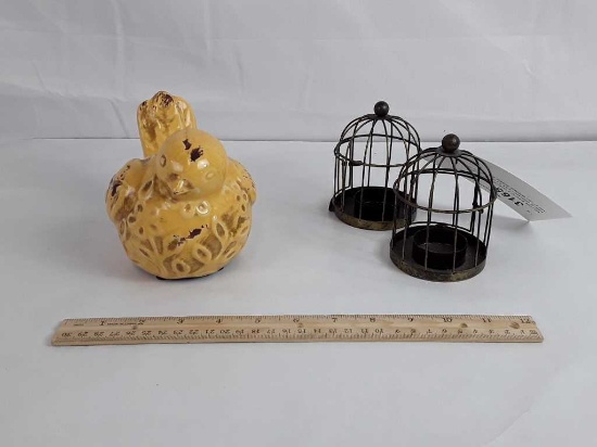 YELLOW BIRD FIGURINE W/ A PAIR OF BIRD CAGES