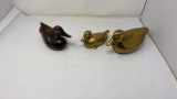 2 BRASS COLORED  DUCKS & 1 WOODEN DUCK