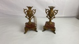 PAIR OF MARBLE CANDLE HOLDER W/ BRASS ACCENTS