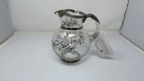 VTG PITCHER W/FLORAL SILVER OVERLAY & RIMS