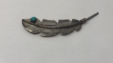 STERLING SILVER FEATHER LAPEL PIN W/ BLUE STONE