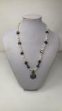 PEARL NECKLACE W/ SILVER TONE HEXAGON PENDANT