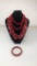 SET OF 3 RED BEAD AND STONE NECKLACES AND BRACELET