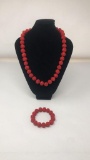 RED CARVED BEAD NECKLACE AND BRACELET
