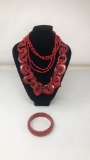 SET OF 3 RED BEAD AND STONE NECKLACES AND BRACELET