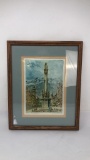 FRAMED PRINT OF STATUE IN TOWN ON  SILK