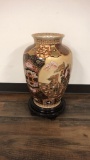 LARGE HANDPIANTED ASIAN VASE W/WOOD STAND