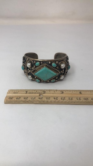 STERLING SILVER TURQUOISE AND PEARL CUFF BRACELET