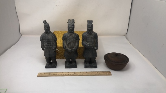 3 TERRACOTTA CHINESE WARRIOR FIGURINES WITH BOWL