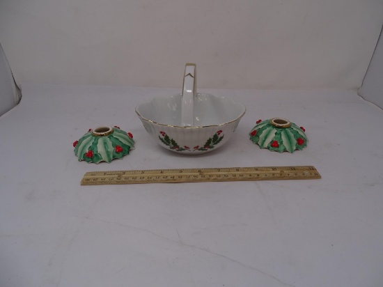 CANDY BOWL AND TWO VINTAGE CANDLE HOLDERS