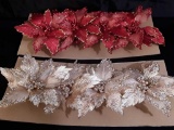 4 RED & 4 IVORY GLITTER POINSETTAS ON CLIPS.