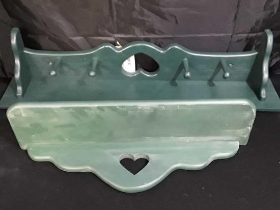 TWO GREEN WOOD SHELVES WITH HEARTS IN MIDDLE