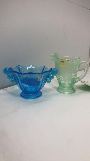 FENTON GLASS SUGAR AND GREEN ETCHED CREAMER