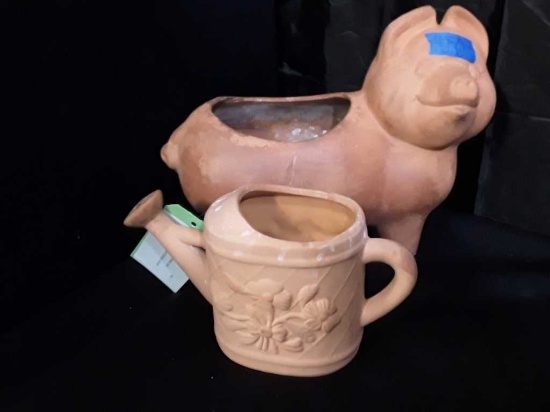 TERRACOTTA PIG AND WATERING CAN PLANTERS