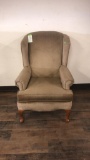 BROWN FABRIC WING BACK CHAIR