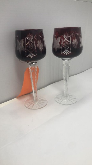 PAIR OF RUBY CUT CLEAR WINE GLASSES