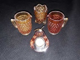 FOUR AMBER GLASSES: FENTON TUMBLRS AND PEAR CLOCK