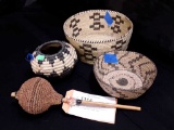 NATIVE AMERICAN WOVEN BASKETS AND RATTLE