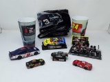 NASCAR SET: CAR FIGURINES, CUPS, BAG