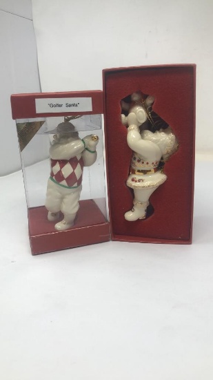 2 LENOX SANTA THEMED ORNAMENTS.