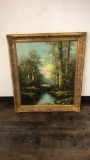 FRAMED OIL ON CANVAS RIVER THROUGH FOREST