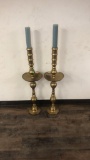 PAIR OF MATCHING BRASS CADLE STICKS WITH CANDLES