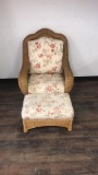 VINTAGE WICKER CHAIR AND OTTOMAN