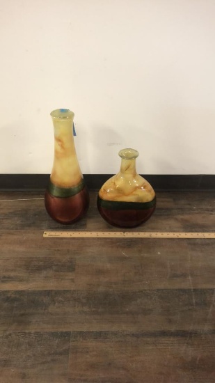 PAIR LG PAINTED LAYERED MULTICOLORED GLASS VASES