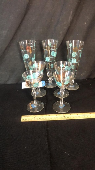 MID-CENTURY MOD DRINKWARE, TEAL & GOLD ACCENTS