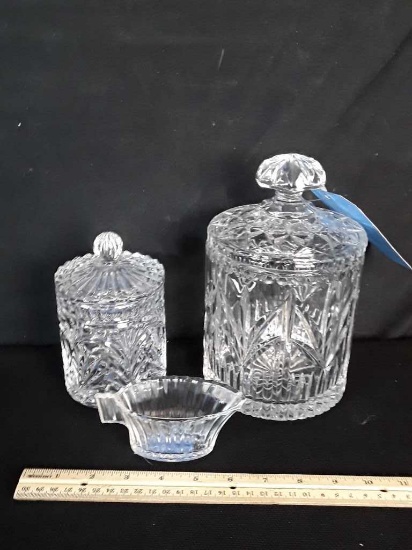 2 CRYSTAL COVERED COOKIE JAR AND CREAMER