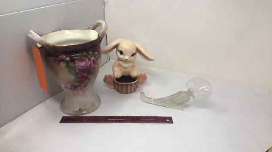 3) GLASS PERFUME BOTTLE, VASE, & FLOWER PLANTER