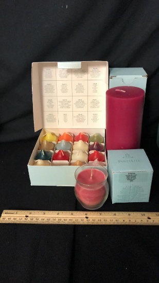 3) PARTYLITE PILLAR, VOTIVES, GLASS CANDLE