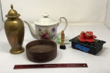 DRESSER BOX, BRASS URN, WOOD BOWL