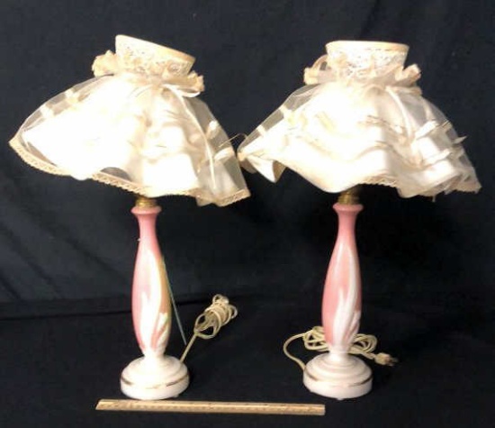 2) PINK AND WHITE CERAMIC TABLE LAMPS