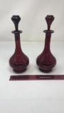 PAIR OF RED GLASS DECANTERS